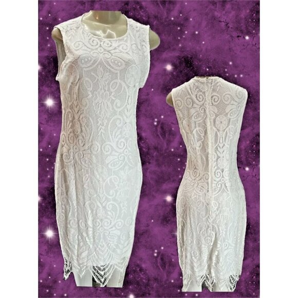 Sharagano 10 White Lace Lined Zip Back Scallop Hem Sleeveless Below Knee Dress - Picture 1 of 7